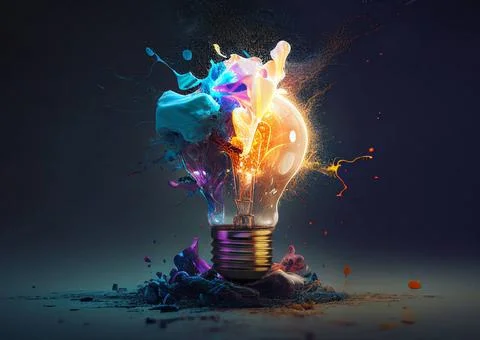 Creative light bulb explodes with colorful paint and splashes on a black b... Stock Photos