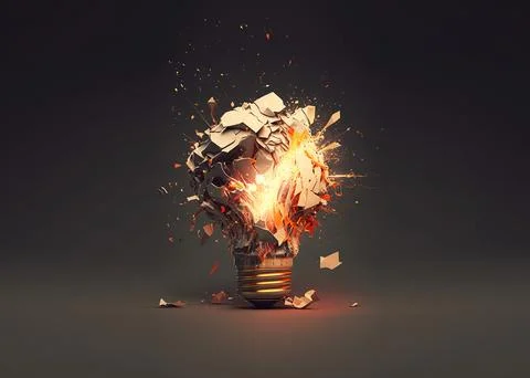 Creative light bulb explodes with sparks, fire and shards, creative idea. T.. 库存照片