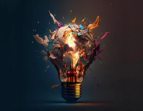 Creative light bulb explodes with splashes of multi-colored paint on a dark.. Stock Photos