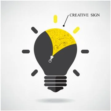 Creative light bulb idea concept with doodle hand drawn sign. Stock Illustration