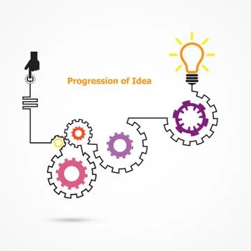 Creative light bulb symbol with linear of gear shape. Progression of idea con Illustrazione stock