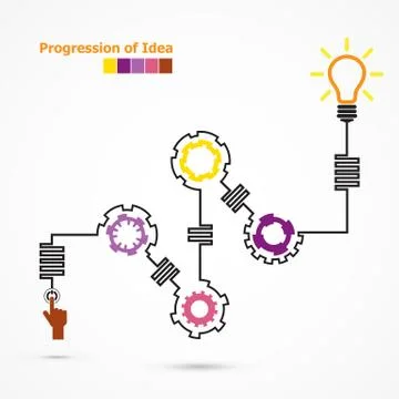 Creative light bulb symbol with linear of gear shape. Progression of idea con Stock Illustration