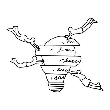 Creative lightbulb with hands reaching in different directions Ilustración de archivo