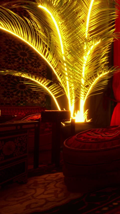 Creative lighting in a home with palm tree and traditional decor Stock Footage 340889435