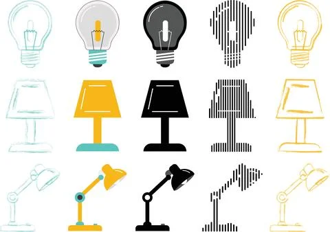Creative Lighting Icon Set - 5 Artistic Styles of Lamps and Lightbulbs Stock Illustration