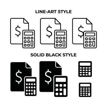 Creative line art and solid black style icons featuring calculators and doc.. 스톡 일러스트