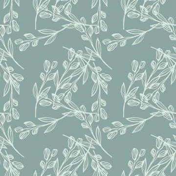 Creative line art leaf seamless pattern on green background. Hand drawn flora Illustrazione stock
