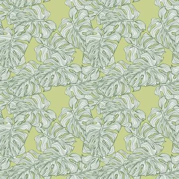 Creative linear monstera outline seamless pattern. Tropical leaves backdrop.  Stock Illustration