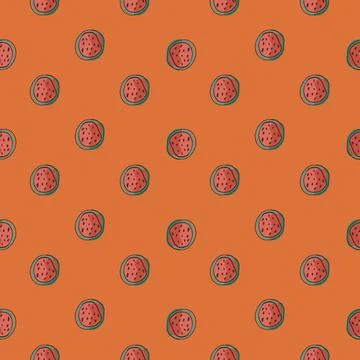 Creative little pink watermelon elements seamless doodle pattern. Orange back Illustrazione stock