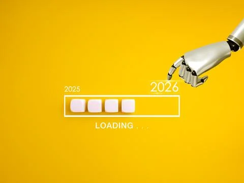 Creative loading concept to new year 2026 with robotic AI hand pointing pro.. Stock Photos
