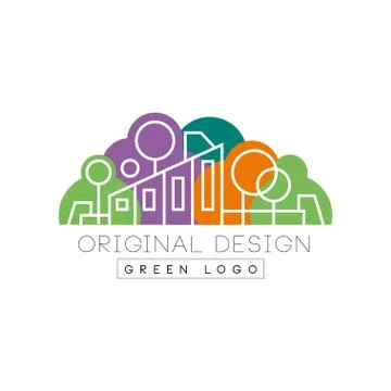 Creative logo with abstract composition of linear city buildings against green Ilustración de archivo