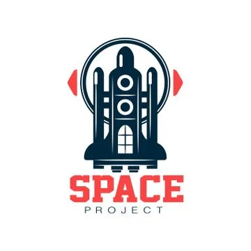 Creative logo design of cosmic shuttle. Scientific expedition. Journey into Illustrazione stock