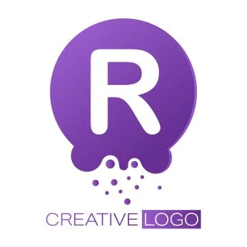 Creative logo. The letter R on a round dot with splashes. Vector illustration Illustrazione stock