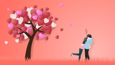 Creative of love valentines day concept. Love couple hug under love heart tre Ilustração Stock