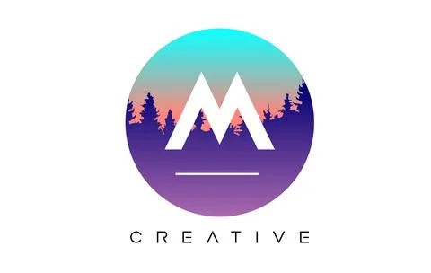 Creative M Letter Logo Design with Pine Forest Vector Shapes and Pastel Color Stock Illustration