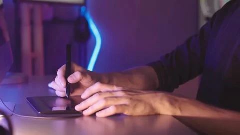 Creative Magic: 3D Artist Sketching Game Graphics on Tablet Stock Footage 320503889