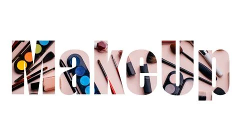 Creative Makeup text on white background. Set of women's cosmetics Stock Illustration