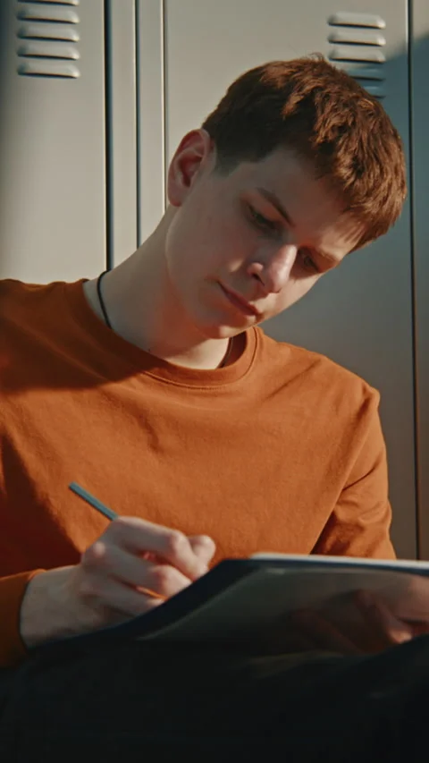 Creative Male Student Drawing Artwork on School Floor Stock Footage 342037360