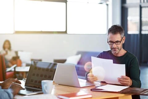Creative, man and reading in office with documents, glasses and evaluation of Stock Photos