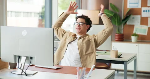 Creative, man and stretching with computer in office for work break, completed Stock Footage 318727851