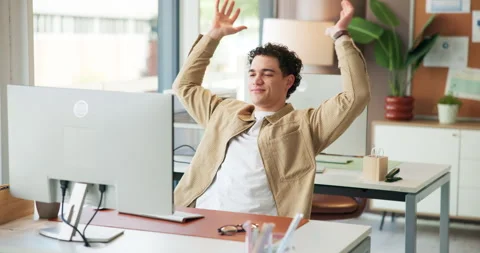 Creative, man and stretching with pc in office for work break, completed task Stock Footage 318799782
