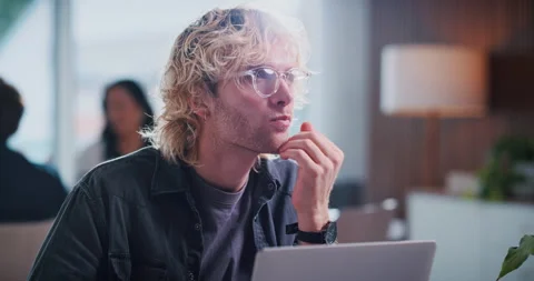 Creative, man and thinking with laptop in office for company project Stock Footage 331580495