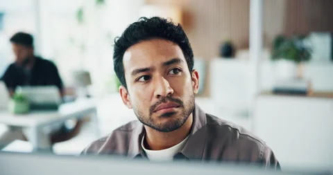 Creative, man and thinking in office with computer, digital marketing idea and Stock Footage 329396191