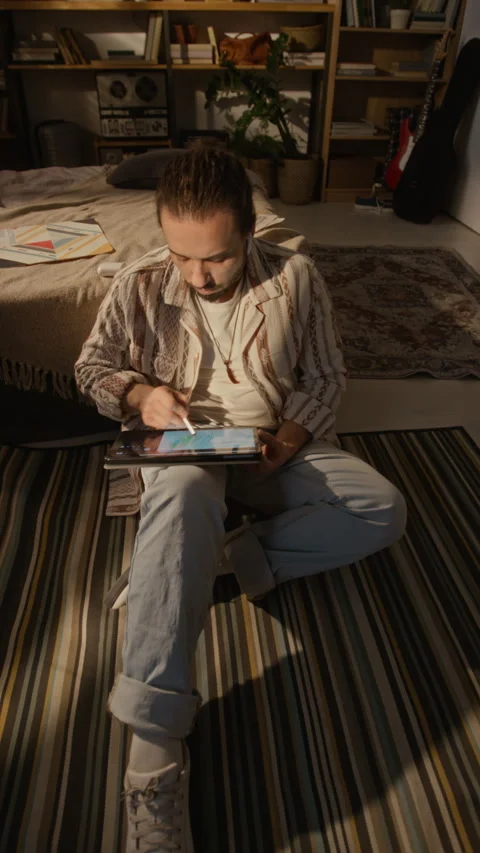 Creative Man Drawing on Digital Tablet in Home Art Studio Stock Footage 337504212