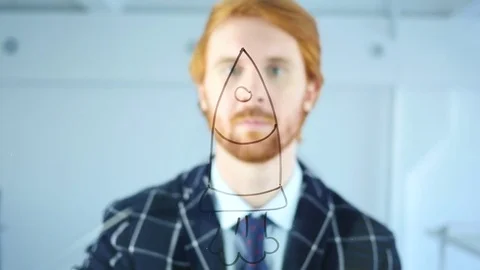 Creative Man Drawing Startup Rocket Concept on Transparent Glass, Red Hairs Stock Footage 80938216
