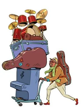 A creative man goes on a journey taking with him a lot of musical instruments. A Stock Illustration