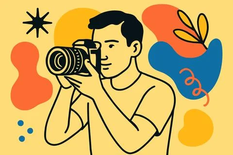 Creative man holding a camera capturing a moment with abstract shapes Stock Illustration