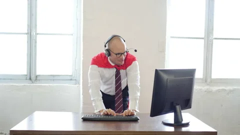 Creative man in a suit red cloak at office. Manager with coat of superman. Stock Footage 143236749