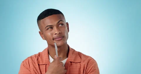 Creative man, thinking and face for idea, solution or problem solving against a Stock Footage 250376600