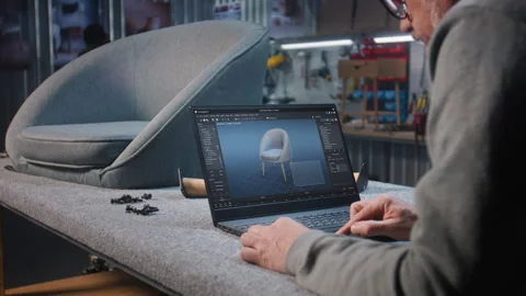 Creative man uses professional software for furniture design Stock Footage 268210344