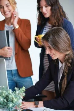 Creative, manager or team in agency with computer, content strategy or advice on Stock Photos