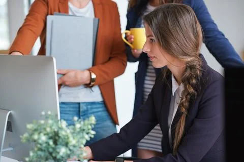Creative, manager or team in office with computer, content strategy or advice on Stock Photos