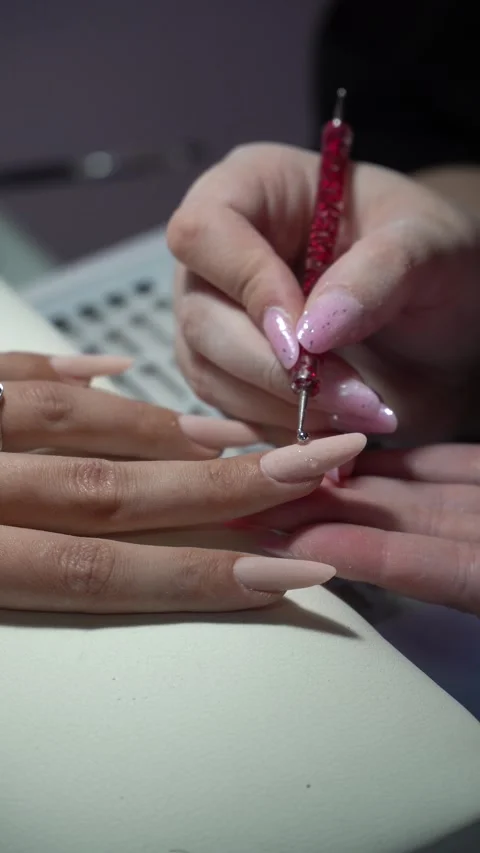 Creative Manicure Styling on Woman’s Fingers in Professional Nail Salon Stock Footage 330476672