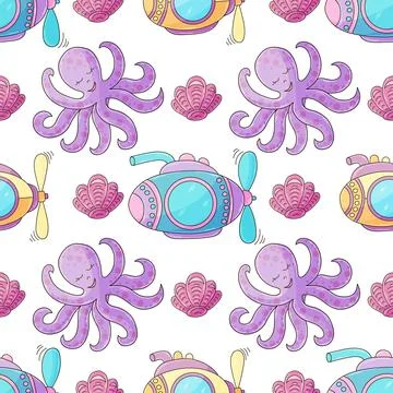 Creative marine seamless pattern. Pattern in hand draw style Illustrazione stock