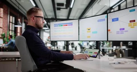 Creative Marketing Analyst Uses Digital Mind Mapping For Office Brainstorming Stock Photos