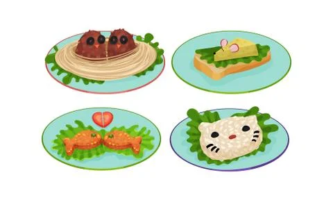 Creative Meal Dishes Plating and Serving Ideas Vector Set Stock Illustration