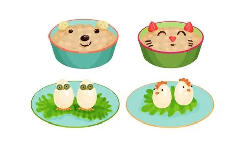 Creative Meal Dishes Plating and Serving Ideas Vector Set Stock Illustration