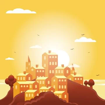 Creative Medieval town landscape with sun and clouds Stock Illustration