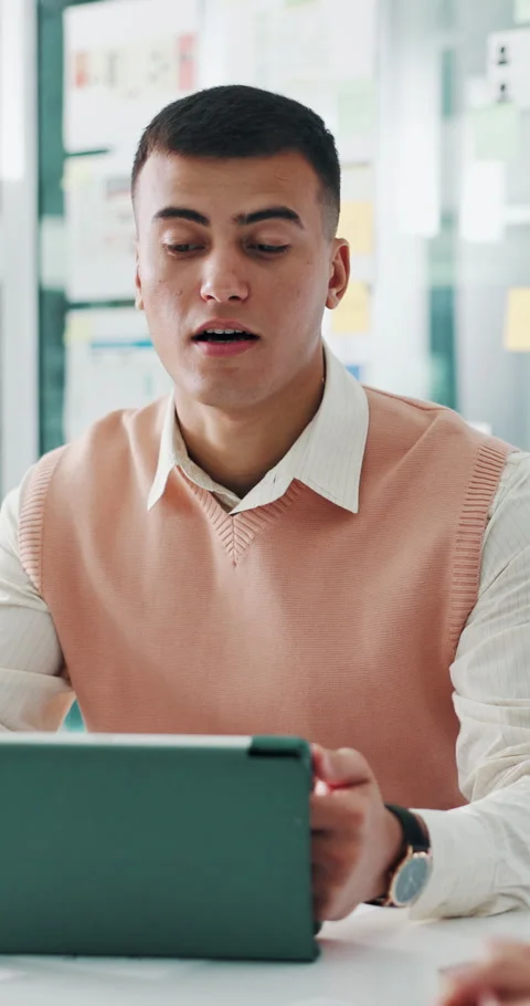Creative, meeting and man on tablet in office for planning, seo report and Stock Footage 319733220