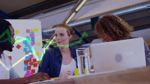 Creative meeting team lead speaking initiating graph drifting over board and Stock Footage 332468767