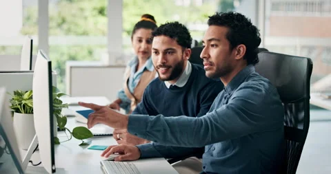 Creative, men and help with computer in office for training, copywriting advice Stock Footage 321802215