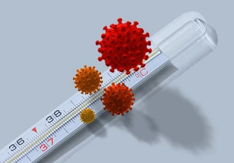 Creative Mercury Thermometer With Coronavirus Scale Showing High Body Tempera Stock Photos