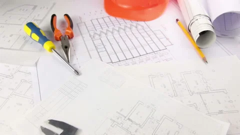 Creative mess on the desk of architect Vidéo 106465831