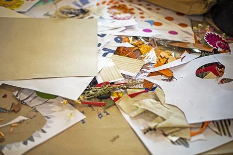 Creative mess on the table while creating collages 스톡 사진