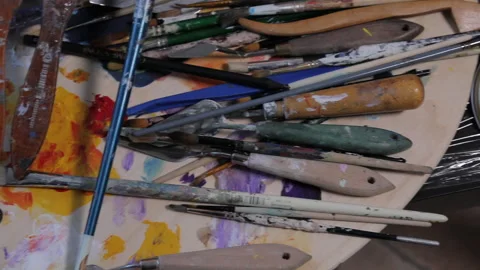 Creative mess in the workplace, left and right panorama Stock Footage 113786180