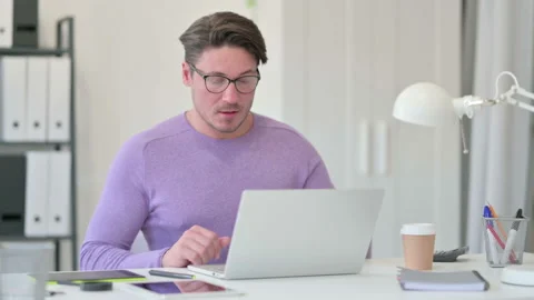 Creative Middle Aged Man Leaving Laptop Going Away Video stock 143562887